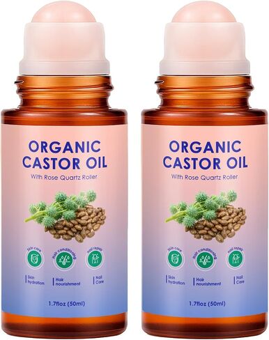Organic Castor Oil Roll On Rose Quartz, 2PCS 100% Pure Cold-Pressed, hair, Face & Skin Moisturizing, Reducing Dark Circles,Nail and Cuticle Care- Easy to Apply, 50ml*2 (2) in Saudi Arabia