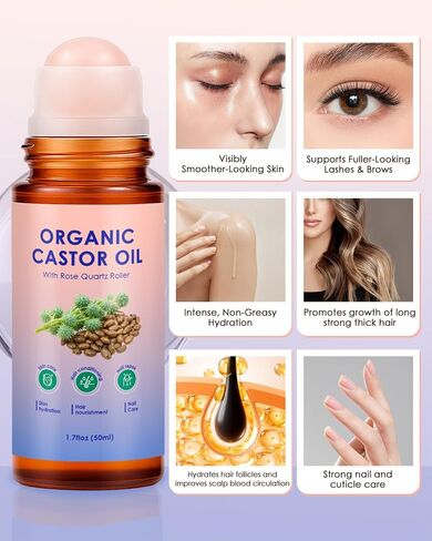 Organic Castor Oil Roll On Rose Quartz, 2PCS 100% Pure Cold-Pressed, hair, Face & Skin Moisturizing, Reducing Dark Circles,Nail and Cuticle Care- Easy to Apply, 50ml*2 (2) in Saudi Arabia