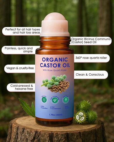Organic Castor Oil Roll On Rose Quartz, 2PCS 100% Pure Cold-Pressed, hair, Face & Skin Moisturizing, Reducing Dark Circles,Nail and Cuticle Care- Easy to Apply, 50ml*2 (2) in Saudi Arabia