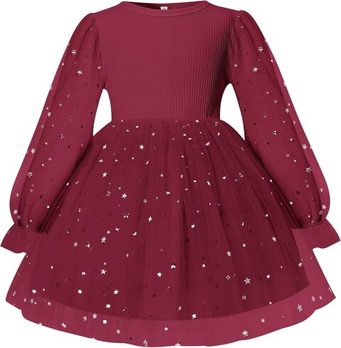 Toddler Baby Girls Tutu Dress Long Sleeve Star Glitters Tulle Gown Sequin Winter Baby Party Special Occasion Dress in Saudi Arabia