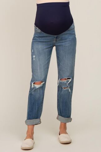PinkBlush Distressed Knee Rolled Hem Maternity Straight Leg Jeans in Saudi Arabia