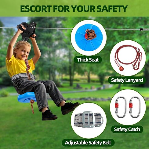 FAHKNS 180FT Zipline for Backyard Kids and Adults: 400LBS Capacity Updated Removable Design Trolley,Safety Harness,Thickened Seat,Quick Tighten Zipline Kits for Outdoor in Kuwait