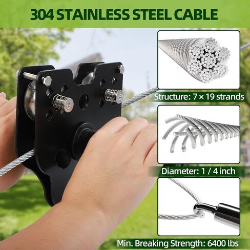 FAHKNS 180FT Zipline for Backyard Kids and Adults: 400LBS Capacity Updated Removable Design Trolley,Safety Harness,Thickened Seat,Quick Tighten Zipline Kits for Outdoor in Kuwait