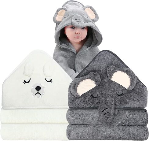 2 Pack Hooded Baby Towels - Premium Ultra Soft Organic Baby Bath Towel – Absorbent and Hypoallergenic Towels for Baby Boy Girl, Toddler, Newborn Essentials (Elephant & Bear) in Kuwait