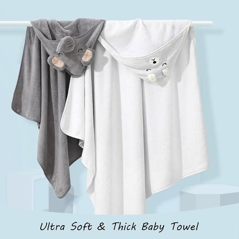 2 Pack Hooded Baby Towels - Premium Ultra Soft Organic Baby Bath Towel – Absorbent and Hypoallergenic Towels for Baby Boy Girl, Toddler, Newborn Essentials (Elephant & Bear) in Kuwait
