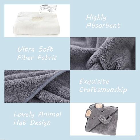 2 Pack Hooded Baby Towels - Premium Ultra Soft Organic Baby Bath Towel – Absorbent and Hypoallergenic Towels for Baby Boy Girl, Toddler, Newborn Essentials (Elephant & Bear) in Kuwait