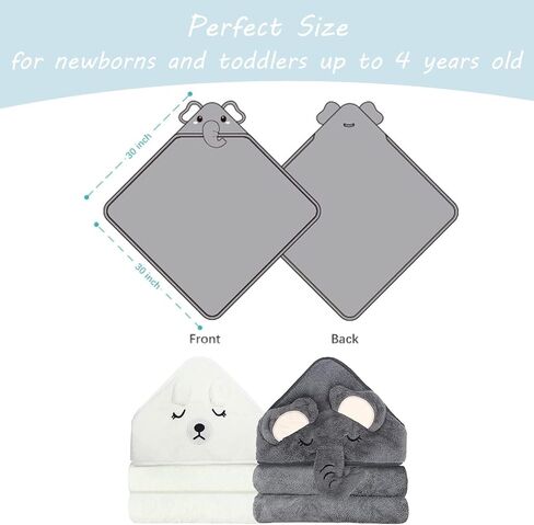 2 Pack Hooded Baby Towels - Premium Ultra Soft Organic Baby Bath Towel – Absorbent and Hypoallergenic Towels for Baby Boy Girl, Toddler, Newborn Essentials (Elephant & Bear) in Kuwait