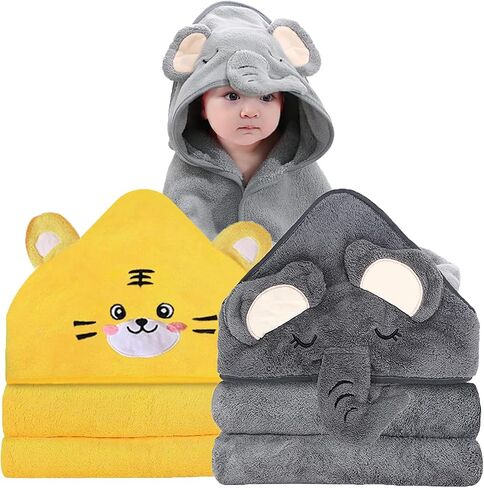 2 Pack Hooded Baby Towels - Premium Ultra Soft Organic Baby Bath Towel – Absorbent and Hypoallergenic Towels for Baby Boy Girl, Toddler, Newborn Essentials (Elephant & Bear) in Kuwait