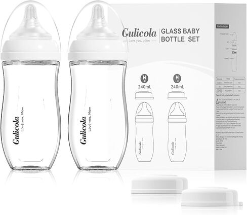 Natural Glass Baby Bottle for Breastfeeding Babies, Newborn Anti-Colic Bottle Set with Slow Flow Nipple, 0-3 Months, 5 oz, 2 Pack - White in Kuwait
