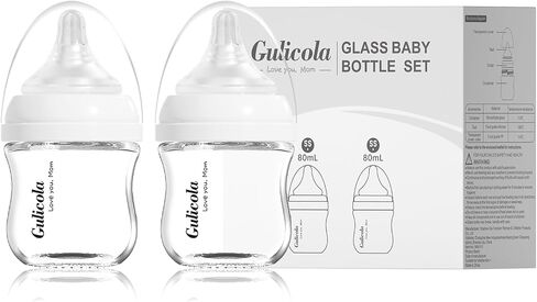 Natural Glass Baby Bottle for Breastfeeding Babies, Newborn Anti-Colic Bottle Set with Slow Flow Nipple, 0-3 Months, 5 oz, 2 Pack - White in Kuwait