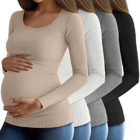 4 Pack Maternity Thermal Shirts Fleece Lined Slim Fit Ribbed Knit Pregnancy Top Scoop Neck Long Sleeve Layer Shirt in Saudi Arabia