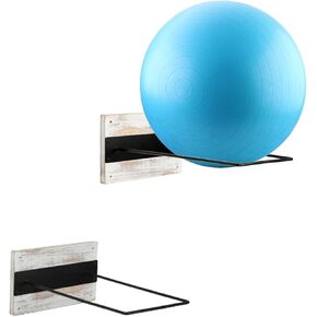 حامل كرة تثبيت للتمارين الرياضية مثبت على الحائط من MyGift، حامل عرض من الخشب الصلب المحروق الريفي وسلك معدني أسود لكرات اليوجا في صالة الألعاب الرياضية المنزلية أو الاستوديو، مجموعة من 2 in Kuwait