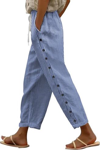 Linen Pants for Women 2025 Plus Size Summer Fashion Casual Pants Comfy Drawstring Elastic Waist Boho Beach Trouser in Kuwait