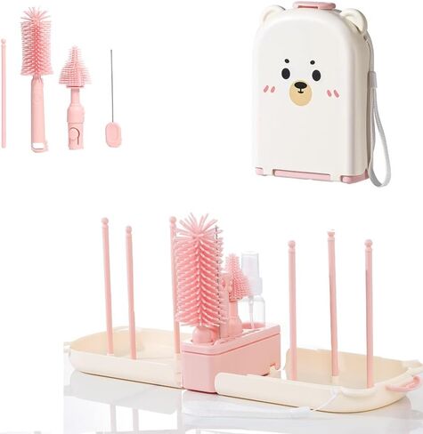 6 In1 Baby Bottle Brush Kit ، منظف فرشاة زجاجة سيليكون محمول مع فرشاة قش ، فرشاة الحلمة ، رف التجفيف ، موزع الصابون ، كيس تخزين للسفر أو المنزل (وردي) in Kuwait