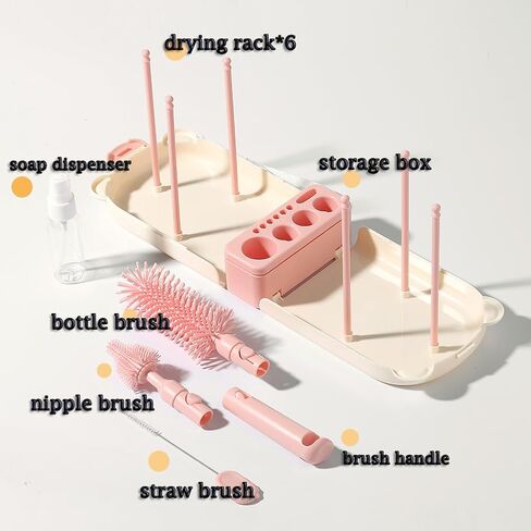 6 In1 Baby Bottle Brush Kit ، منظف فرشاة زجاجة سيليكون محمول مع فرشاة قش ، فرشاة الحلمة ، رف التجفيف ، موزع الصابون ، كيس تخزين للسفر أو المنزل (وردي) in Kuwait