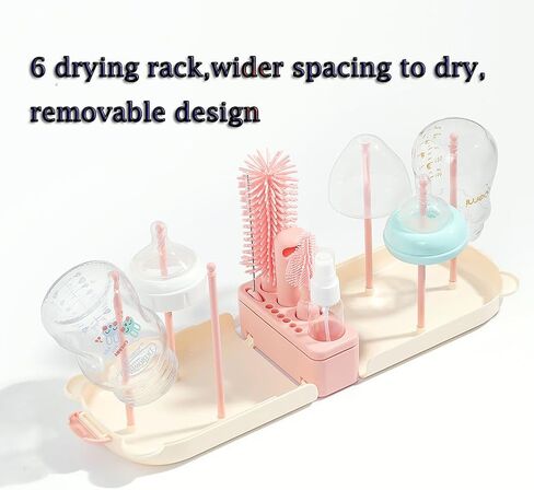 6 In1 Baby Bottle Brush Kit ، منظف فرشاة زجاجة سيليكون محمول مع فرشاة قش ، فرشاة الحلمة ، رف التجفيف ، موزع الصابون ، كيس تخزين للسفر أو المنزل (وردي) in Kuwait