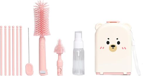 6 In1 Baby Bottle Brush Kit ، منظف فرشاة زجاجة سيليكون محمول مع فرشاة قش ، فرشاة الحلمة ، رف التجفيف ، موزع الصابون ، كيس تخزين للسفر أو المنزل (وردي) in Kuwait