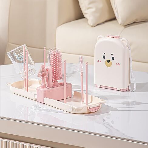 6 In1 Baby Bottle Brush Kit ، منظف فرشاة زجاجة سيليكون محمول مع فرشاة قش ، فرشاة الحلمة ، رف التجفيف ، موزع الصابون ، كيس تخزين للسفر أو المنزل (وردي) in Kuwait