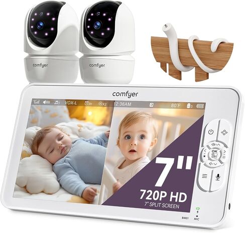 7" Split-Screen Baby Monitor with 2 1080P Cameras, 720P HD No WiFi Monitor with a Flexible Bracket, Video Baby Monitor with Camera and Audio, 2 Way Audio, Remote PTZ, Auto Night Vision in Saudi Arabia