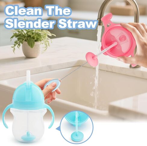 YOTIME Standing Straw Cleaner Brush Set, 4in1 Reusable Straw Brushes with Holder Ring, for Wide and Narrow Straws, Tumblers, Water Bottles and Cups, Pink in Kuwait