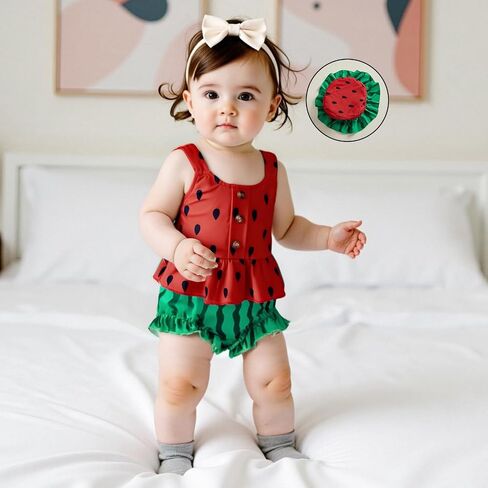 emmababy طفلة فتاة البطيخ مع قبعة مزخرفة دبابة الكشكش العلوي شورت اطف in Kuwait