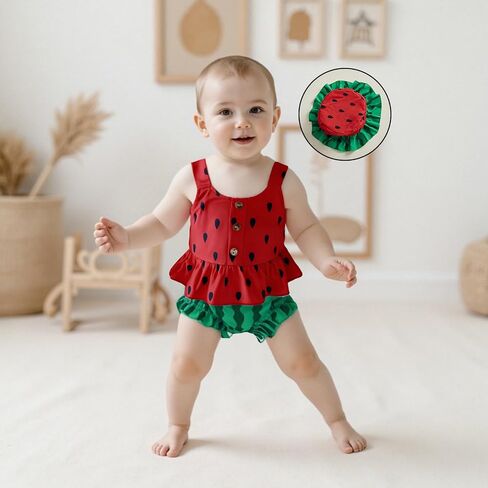 emmababy طفلة فتاة البطيخ مع قبعة مزخرفة دبابة الكشكش العلوي شورت اطف in Kuwait
