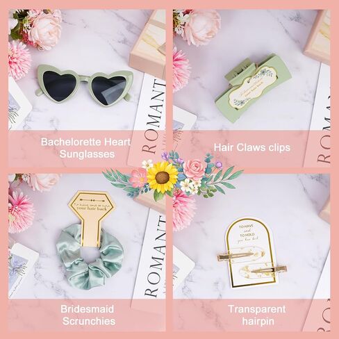 Sage Green Bridesmaid Gifts for Proposal, 6PCS Girls Gift Set with Hair Claws, Scrunchies, Makeup Clips & Heart Sunglasses, Wedding Bachelorette Party Favors, Birthday Gifts for Women Teens in Saudi Arabia