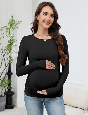 LOMON Maternity Shirts Long Sleeve Thermal Tops Side Ruched Casual Tshirt Crewneck Fleece Base Layer for Pregnant Women in Saudi Arabia