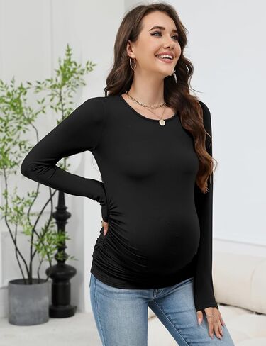 LOMON Maternity Shirts Long Sleeve Thermal Tops Side Ruched Casual Tshirt Crewneck Fleece Base Layer for Pregnant Women in Saudi Arabia