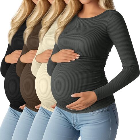 Huukeay 4 Pack Women's Maternity Shirts, Long Sleeve Cotton Ribbed Pregnancy Tops Side Ruched Crew Neck Casual Mama Clothes in Saudi Arabia