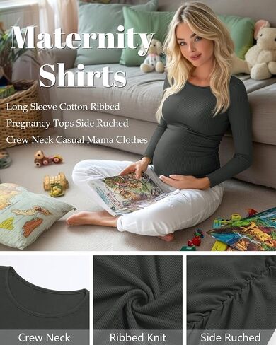 Huukeay 4 Pack Women's Maternity Shirts, Long Sleeve Cotton Ribbed Pregnancy Tops Side Ruched Crew Neck Casual Mama Clothes in Saudi Arabia