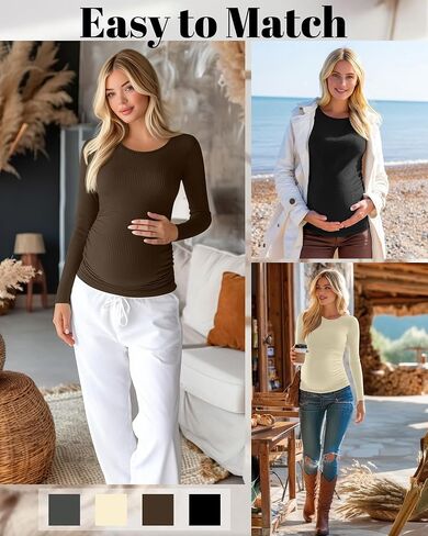 Huukeay 4 Pack Women's Maternity Shirts, Long Sleeve Cotton Ribbed Pregnancy Tops Side Ruched Crew Neck Casual Mama Clothes in Saudi Arabia