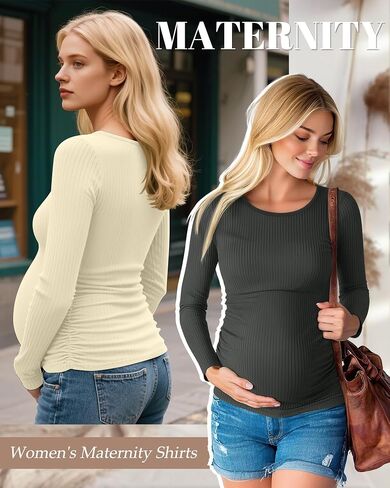 Huukeay 4 Pack Women's Maternity Shirts, Long Sleeve Cotton Ribbed Pregnancy Tops Side Ruched Crew Neck Casual Mama Clothes in Saudi Arabia