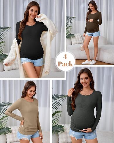 Huukeay 4 Pack Women's Maternity Shirts, Long Sleeve Cotton Ribbed Pregnancy Tops Side Ruched Crew Neck Casual Mama Clothes in Saudi Arabia