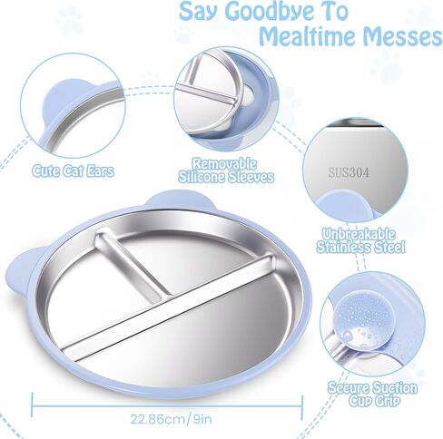 Stainless Steel Kids Plate with Suction Set of 2, 9″ Toddler Divided Plates with Removable Non Slip Silicone Sleeves, Baby Snack Dishes, Non Toxic and BPA Free, Light Pink & Baby Blue in Saudi Arabia