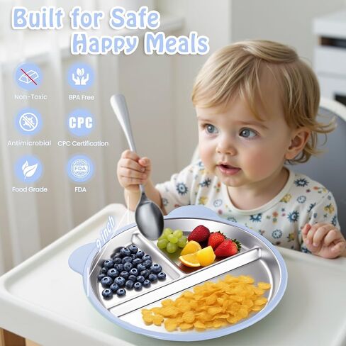 Stainless Steel Kids Plate with Suction Set of 2, 9″ Toddler Divided Plates with Removable Non Slip Silicone Sleeves, Baby Snack Dishes, Non Toxic and BPA Free, Light Pink & Baby Blue in Saudi Arabia