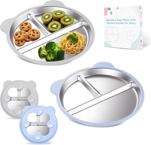 Stainless Steel Kids Plate with Suction Set of 2, 9″ Toddler Divided Plates with Removable Non Slip Silicone Sleeves, Baby Snack Dishes, Non Toxic and BPA Free, Light Pink & Baby Blue in Saudi Arabia