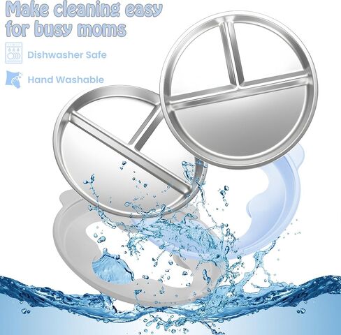 Stainless Steel Kids Plate with Suction Set of 2, 9″ Toddler Divided Plates with Removable Non Slip Silicone Sleeves, Baby Snack Dishes, Non Toxic and BPA Free, Light Pink & Baby Blue in Saudi Arabia