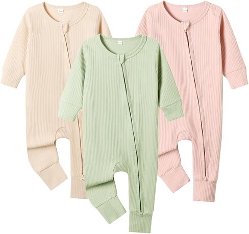 Bafeicao 3 Pack Baby Boy Girl Rompers with Mitten Cuffs | 2 Way Zipper Romper, Ribbed Cotton, Long Sleeve, Footless, Unisex, One Piece Jumpsuits Clothes in Saudi Arabia