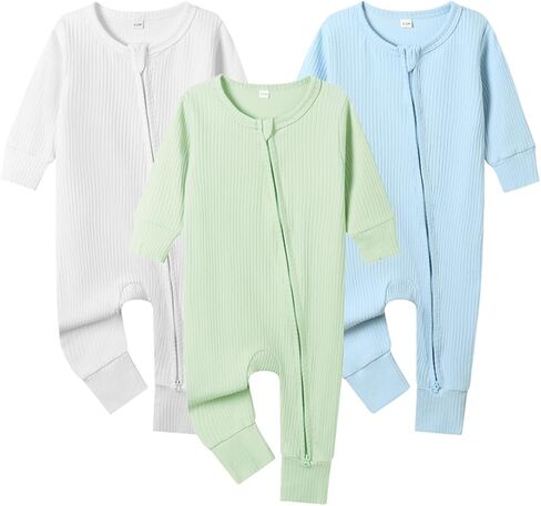 Bafeicao 3 Pack Baby Boy Girl Rompers with Mitten Cuffs | 2 Way Zipper Romper, Ribbed Cotton, Long Sleeve, Footless, Unisex, One Piece Jumpsuits Clothes in Saudi Arabia