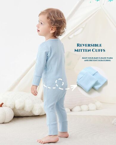 Bafeicao 3 Pack Baby Boy Girl Rompers with Mitten Cuffs | 2 Way Zipper Romper, Ribbed Cotton, Long Sleeve, Footless, Unisex, One Piece Jumpsuits Clothes in Saudi Arabia