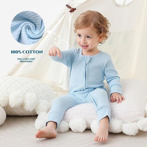 Bafeicao 3 Pack Baby Boy Girl Rompers with Mitten Cuffs | 2 Way Zipper Romper, Ribbed Cotton, Long Sleeve, Footless, Unisex, One Piece Jumpsuits Clothes in Saudi Arabia