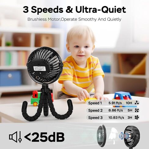 COMLIFE Baby Stroller Fan With Light, Rechargeable Battery Operated, Max 10Hrs Cooling, 3 Speeds, 360° Rotate USB Desk Fan, Flexible Tripod Clip On Fan for Stroller Car Seat Crib Treadmill Golf Cart in Saudi Arabia