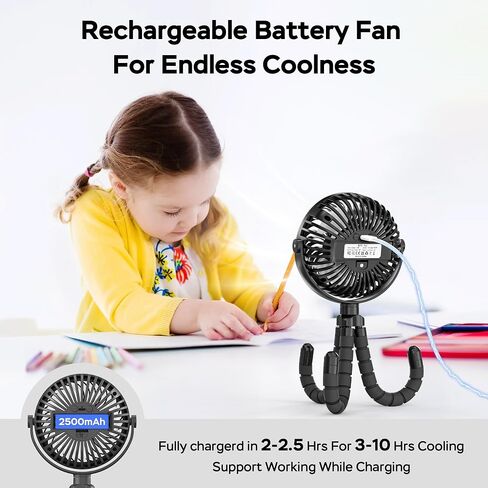 COMLIFE Baby Stroller Fan With Light, Rechargeable Battery Operated, Max 10Hrs Cooling, 3 Speeds, 360° Rotate USB Desk Fan, Flexible Tripod Clip On Fan for Stroller Car Seat Crib Treadmill Golf Cart in Saudi Arabia
