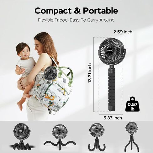 COMLIFE Baby Stroller Fan With Light, Rechargeable Battery Operated, Max 10Hrs Cooling, 3 Speeds, 360° Rotate USB Desk Fan, Flexible Tripod Clip On Fan for Stroller Car Seat Crib Treadmill Golf Cart in Saudi Arabia
