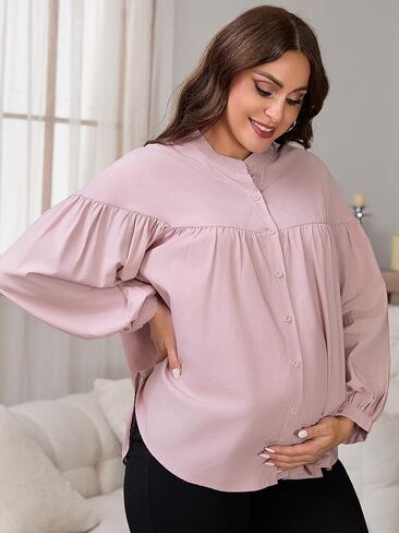 Womens Maternity Button Down Shirts Nursing Blouses Pleated Lantern Sleeve Office Pregnancy Work Tops in Kuwait