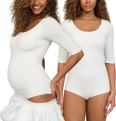 Maternity Bodysuit Scoop Neck 3/4 Sleeve Stretchy Basic Leotards Top Trendy Going Out Body Suits for Women in Kuwait