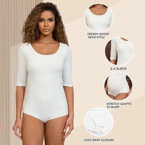 Maternity Bodysuit Scoop Neck 3/4 Sleeve Stretchy Basic Leotards Top Trendy Going Out Body Suits for Women in Kuwait