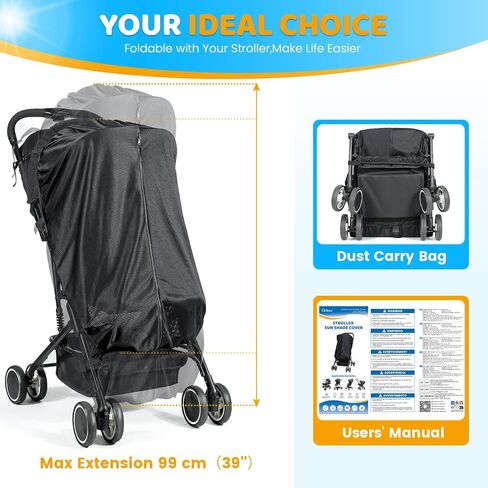 Orzbow Stroller Sun Shade ، Universal Sun Shade for عربة مع zip ثنائية الاتجاه ، وغطاء شمس الطفل التنفس الكتل 95 ٪ UV (UPF 50+) ، مستقرة ومحمولة ، سهلة الاستخدام ، أسود ، أسود in Saudi Arabia