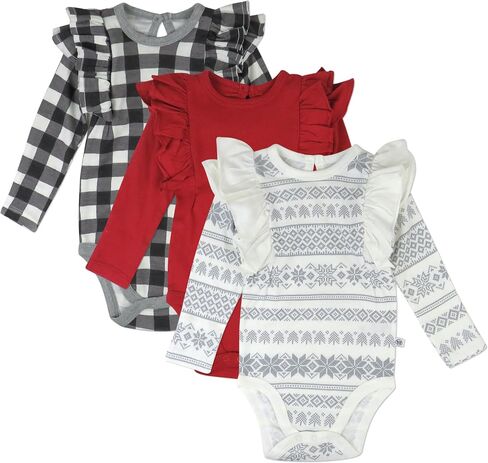 3 Pack Long Sleeve Side Snap Ruffle Shoulder Bodysuit 100% Organic Cotton for Infant Baby and Toddler Girls in Kuwait